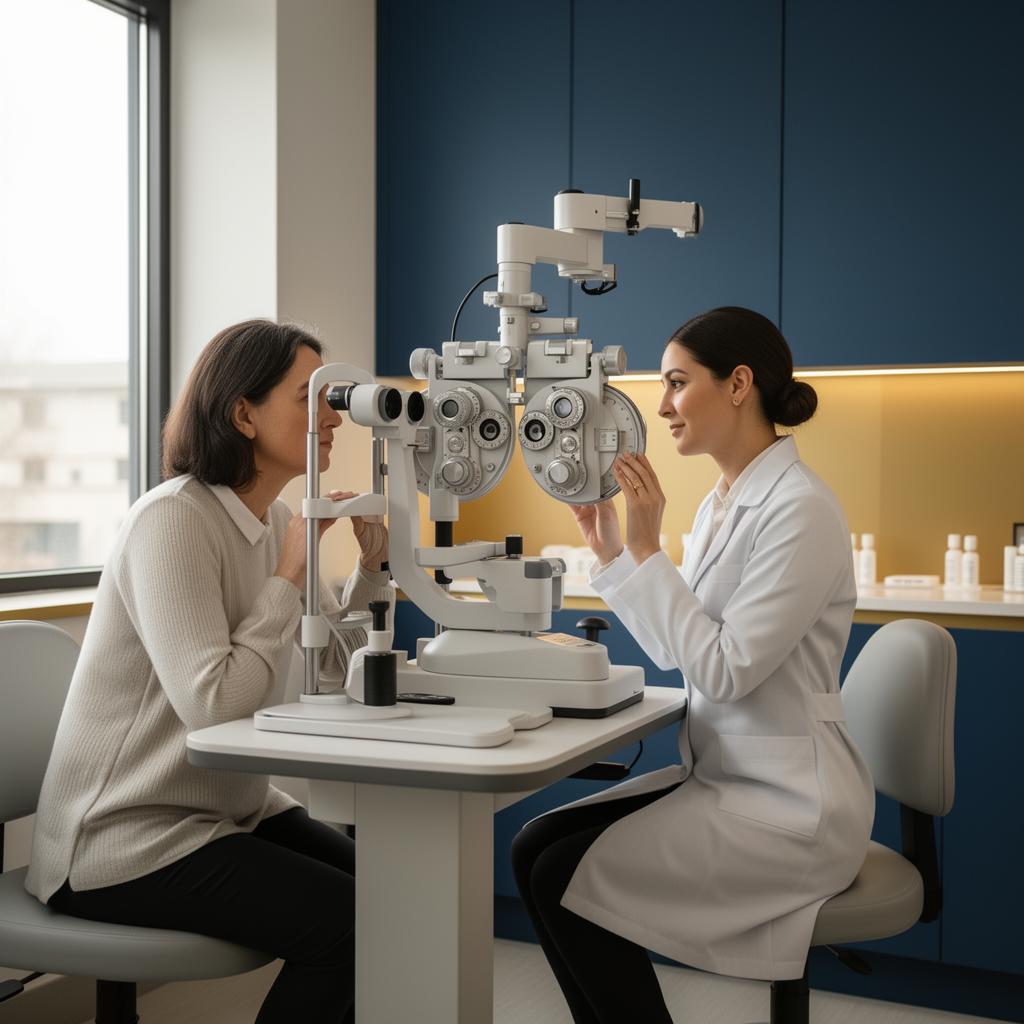 Optometrista realizando exame de vista em paciente no consultório do CEOOP
