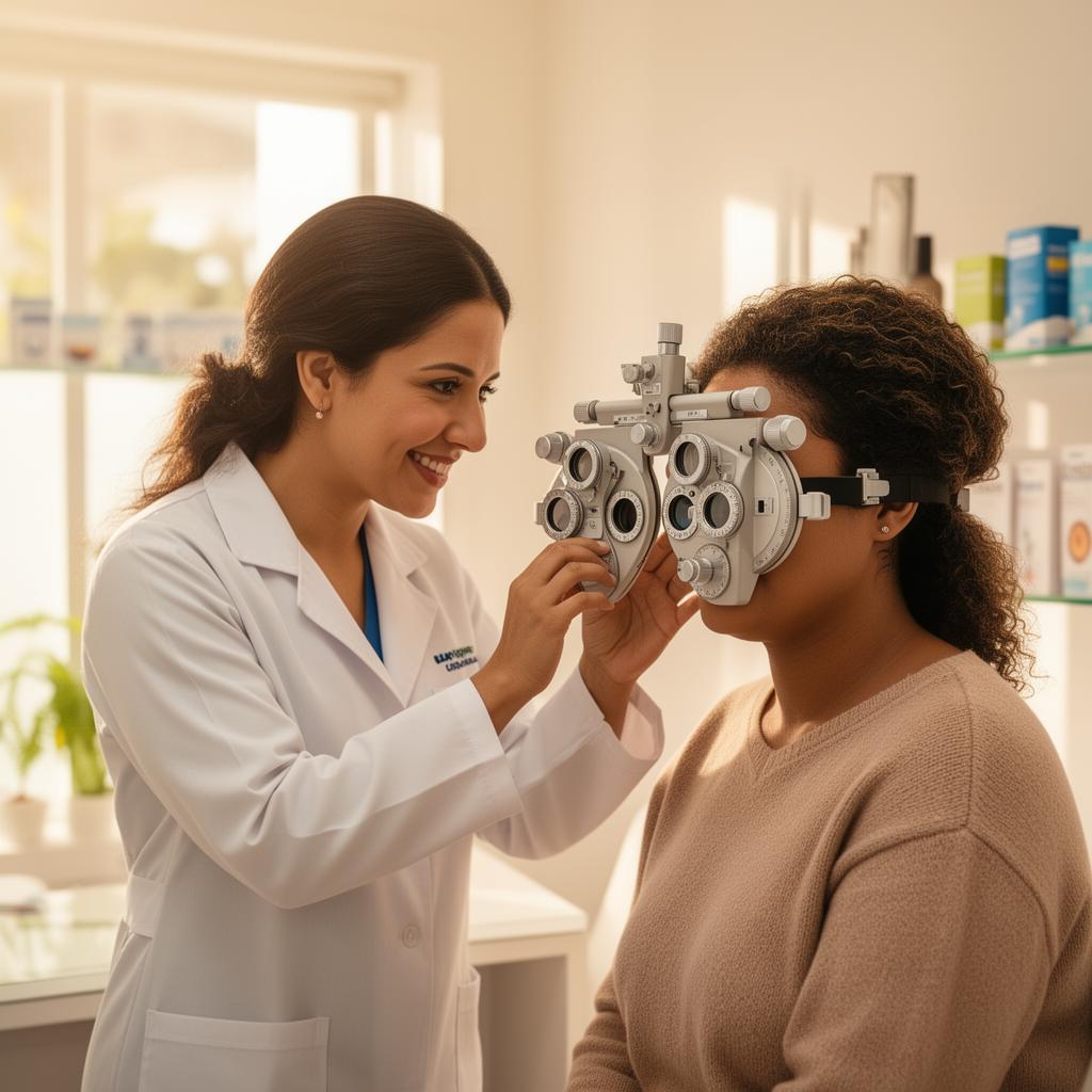 Optometrista do CEOOP atendendo paciente com cuidado em Messejana